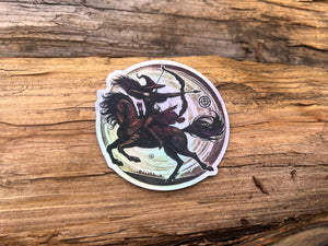 Sticker - holographic Witch with bow on horse